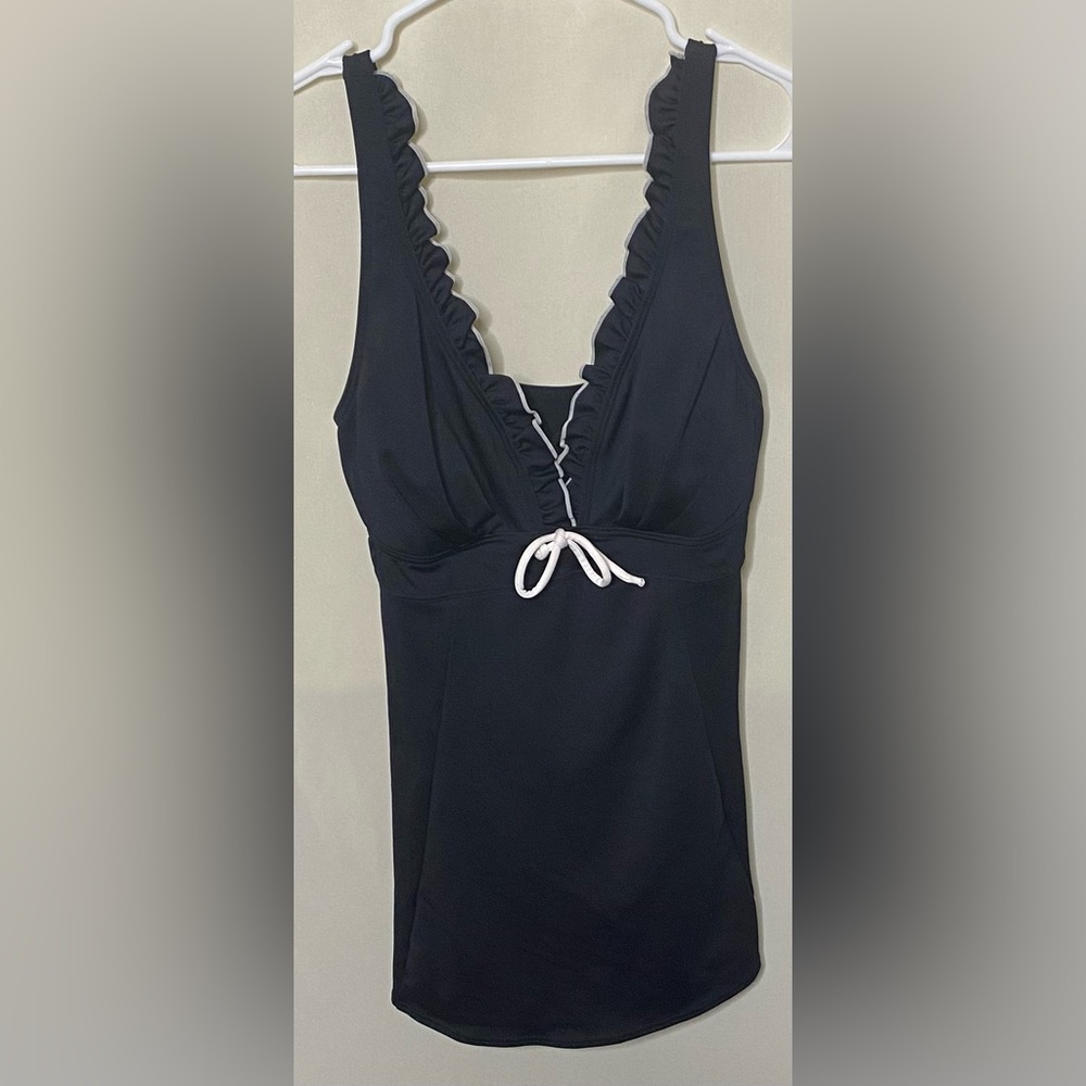 Calypso Cove Black and White w/ V-neck Ruffled Trim and Bow Swim Dress